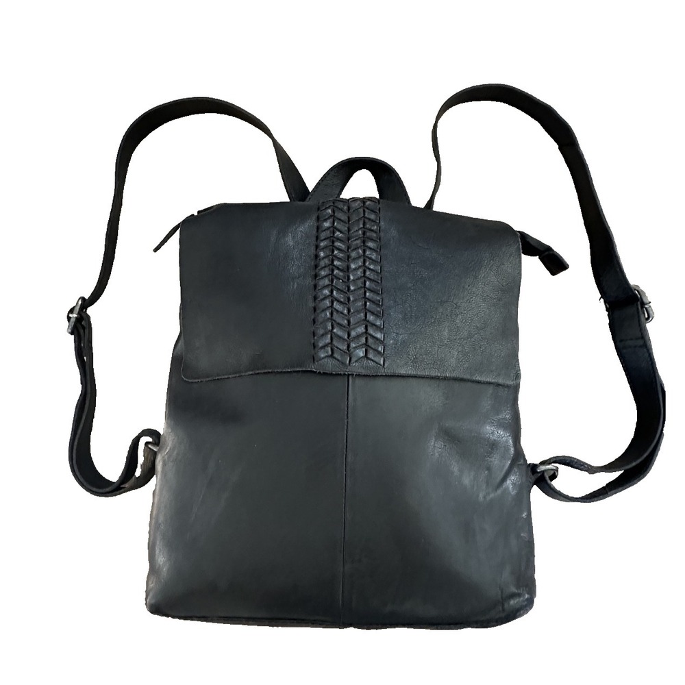 Vilenca Holland Black Leather Backpack Purse Laptop Pocket Braid Detail Adjust